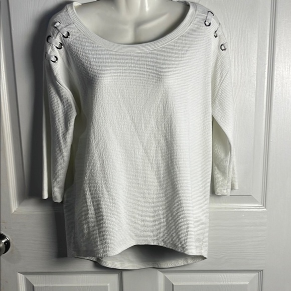 Onque Casuals White Textured Blouse with Lace-Up Detail - Picture 1 of 7
